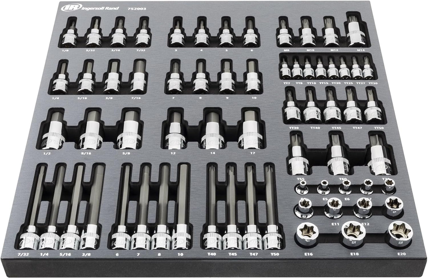 Ingersoll Rand 66-Piece Master Torx and Specialty Bit Socket Set \u2013 S2 Steel Bits, Chrome Vanadium Socket Bodies, Vertical Knurling, EVA Tray with Size Markings \u2013 752003