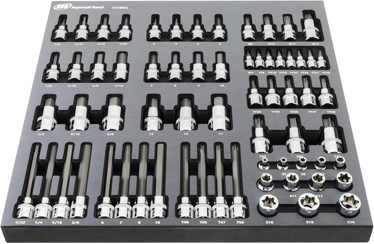 Ingersoll Rand 66-Piece Master Torx and Specialty Bit Socket Set \u2013 S2 Steel Bits, Chrome Vanadium Socket Bodies, Vertical Knurling, EVA Tray with Size Markings \u2013 752003