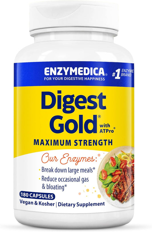 Enzymedica Digest Gold + ATPro, Maximum Strength Enzyme Formula, Prevents Bloating and Gas, 14 Key Enzymes Including Amylase, Protease, Lipase and Lactase, 180 Capsules