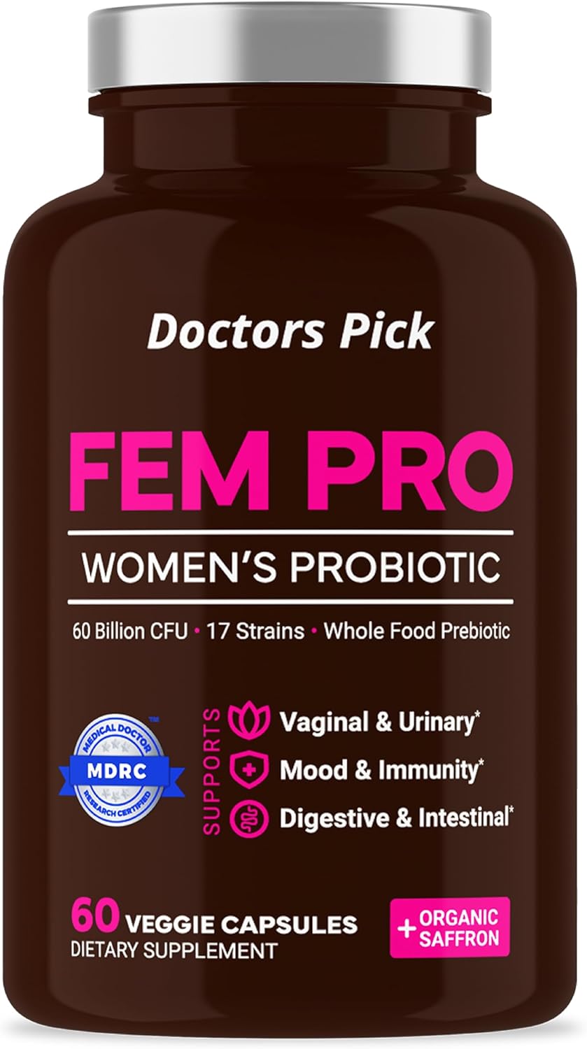 Doctors Pick Fem Pro Probiotics for Women. 17 Clinically Effective Strains for Vaginal, Digestive & Immune Support, Urinary Tract Health, pH Balance and Mood. 60 Veggie Capsules, 2 Month Supply