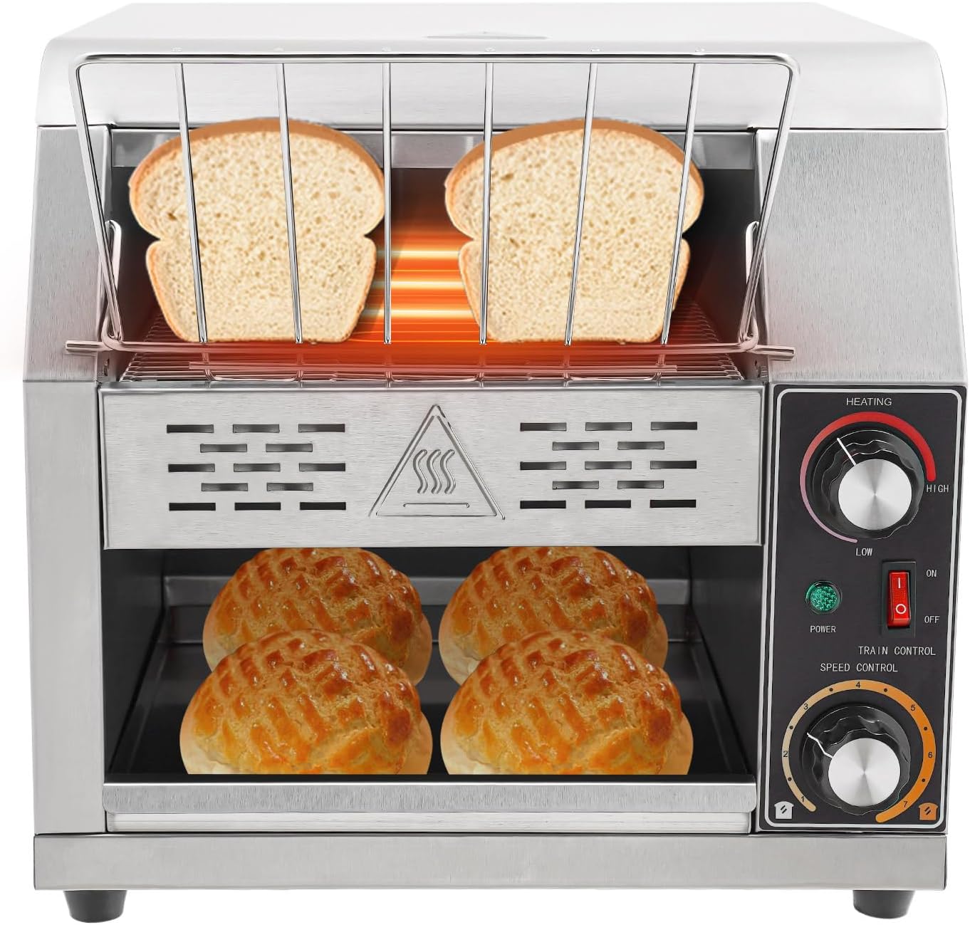 1900W Commercial Toaster Conveyor 300 Slices/Hour Countertop Bread Oven Stainless Steel Toaster with Temp & Speed Control, Heavy Duty Electric Toaster for Bun Bagel Bread Silver 110V