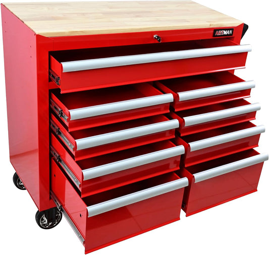 WIILAYOK Rolling Tool Chest with Wheels, 9 Drawer Metal Tool Cabinet, Large Tool Cart for Garage, Warehouse, Workshop, Repair Shop, Red