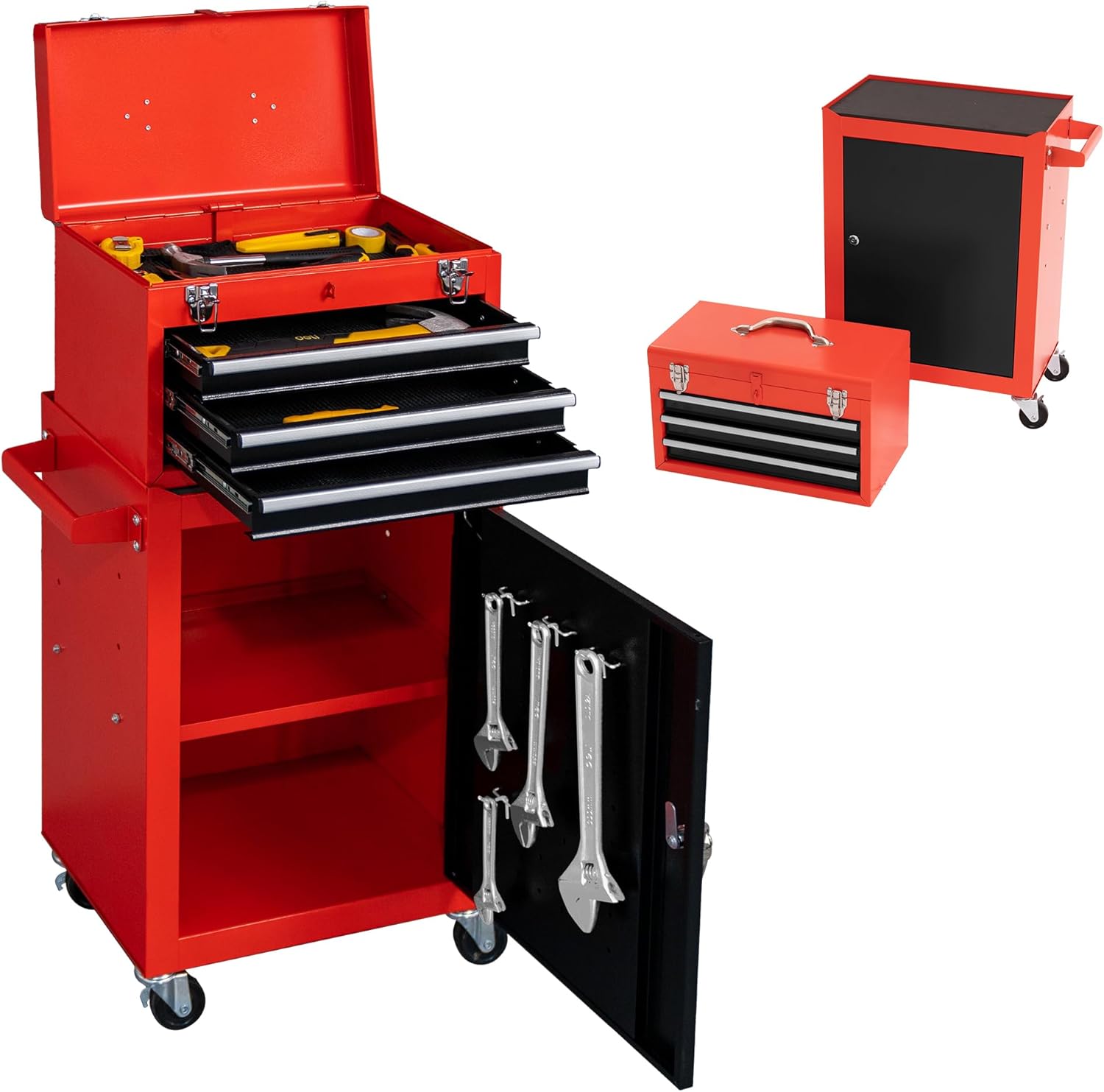 Tool Chest,3-Drawer Rolling Tool Storage Cabinet, Wheels Tool Storage Organizer Cabinets, Lockable Drawers Tool Box, Adjustable Shelf Tool Chest on Wheels for Workshop Garage Warehouse (Black Red)