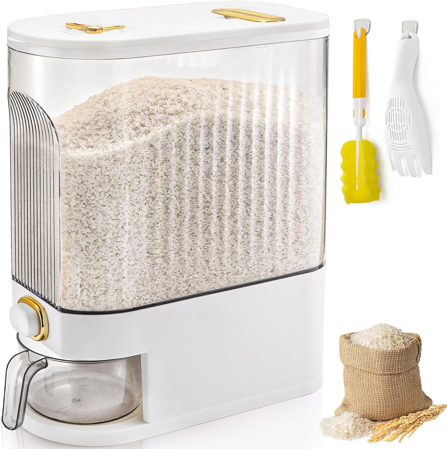 Clear Rice Holder Dispenser, 22 Lbs Large Grain Storage Container with Measuring Cup, Cylinder Household Food Dispenser Bucket Kitchen Organization for Cereal Oatmeal Coffee Bean Soybean Corn