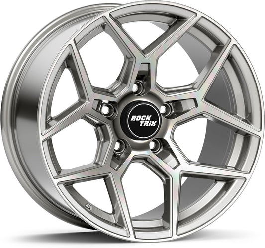 RockTrix RT105 17 inch Wheel Compatible with Jeep Wrangler JK JL 17x9 5x5 Wheels (-12mm Offset, 4.5in Backspace) 5x5 PCD, 71.5mm Bore, Machined Silver Wheels, Also fits Gladiator JT Rims