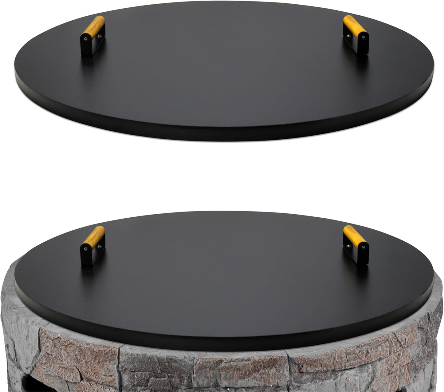 28” firepit lid round for inside up to 26” gas fire pit lid for Outdoor Fireplace Cover Lid Steel fire pit metal cover W/ 2 Wooden Handles & Powder Coated Snuffer Lid for Round Patio Fire Pit Ring