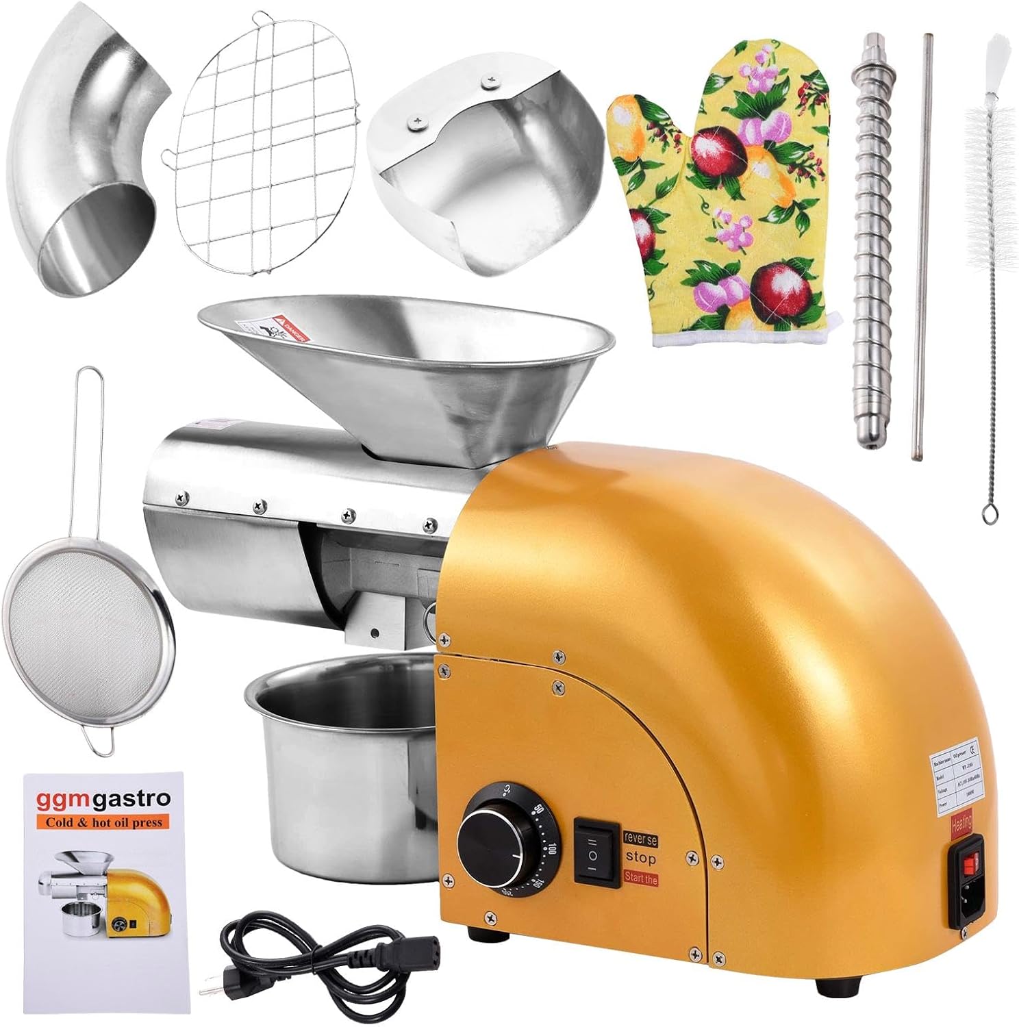 1800W Oil Press Machine Nut Seeds Oil Extractor Cold& Hot Press Machine,Temperature Control 32℉-572℉,Extended Rod,12-17LBS\/H,Lower Noise,For coconuts,Cocoa Beans,Avocado,Amaranth Seed,Gold + Silver