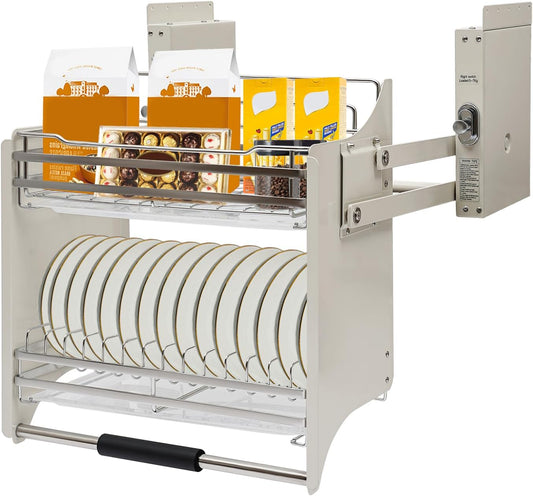 Cabinet Organizer, 2 Tier Pull-Out Cabinet Organizer Spice and Dishes Pull Out Cabinet Storage Shelf Pull Down Heavy Duty Shelf Organizer, Wall Mounted Pantry Storage Shelf for Kitchen