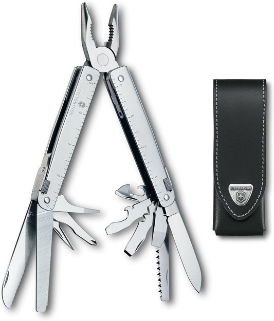 Victorinox Swiss Tool Swiss Army Knife, 26 Function Swiss Made Multi-Tool with Black Leather Storage Pouch - Silver