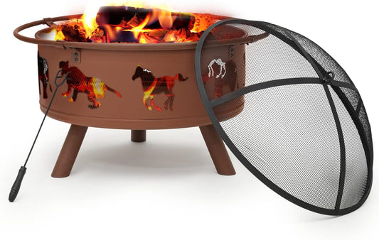 MoNiBloom 32" Wood Burning Fire Pits Horse Pattern Round Metal Firepit Burning Fireplace with Spark Screen Cover and Poker for Patio Backyard Picnic Garden, Red