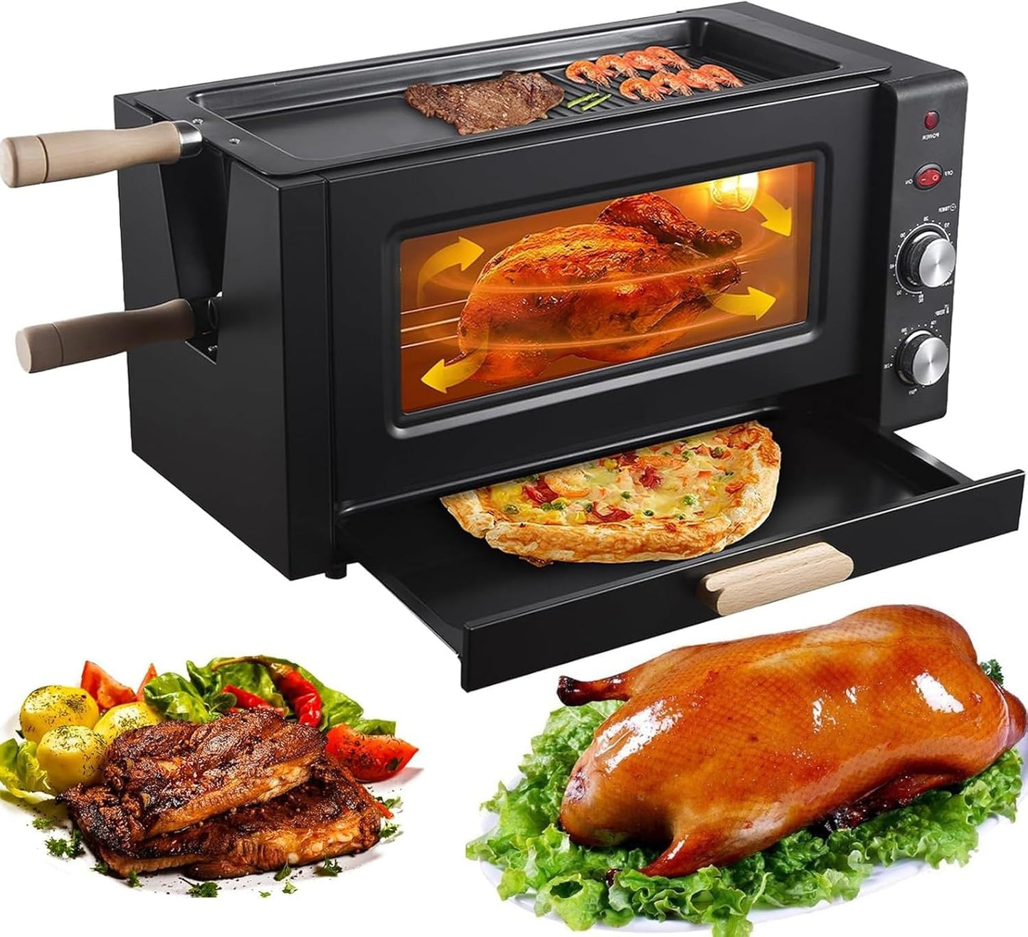 25L Electric Rotating Rotisserie Grill, 2 Layer Auto Rotating Kebab Skewer Machine, 3000W Smokeless BBQ Kebab Grill Machine, Pizza Beef Frying Cooking Baking Oven, Temp & Timer Control for Home