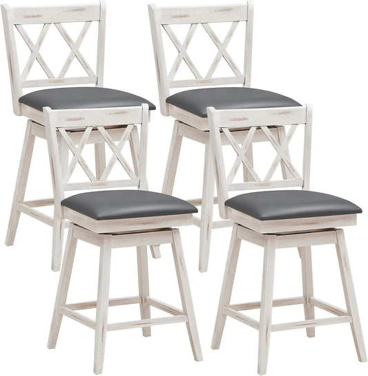 COSTWAY Bar Stool Set of 4, 360 ° Swivel Counter Height 25inch Bar Stool with Foot Rest Upholstered Cushion & Ergonomic Backrest, Sturdy Frame, for Pub, Kitchen Islands (4, Antique White + Grey)