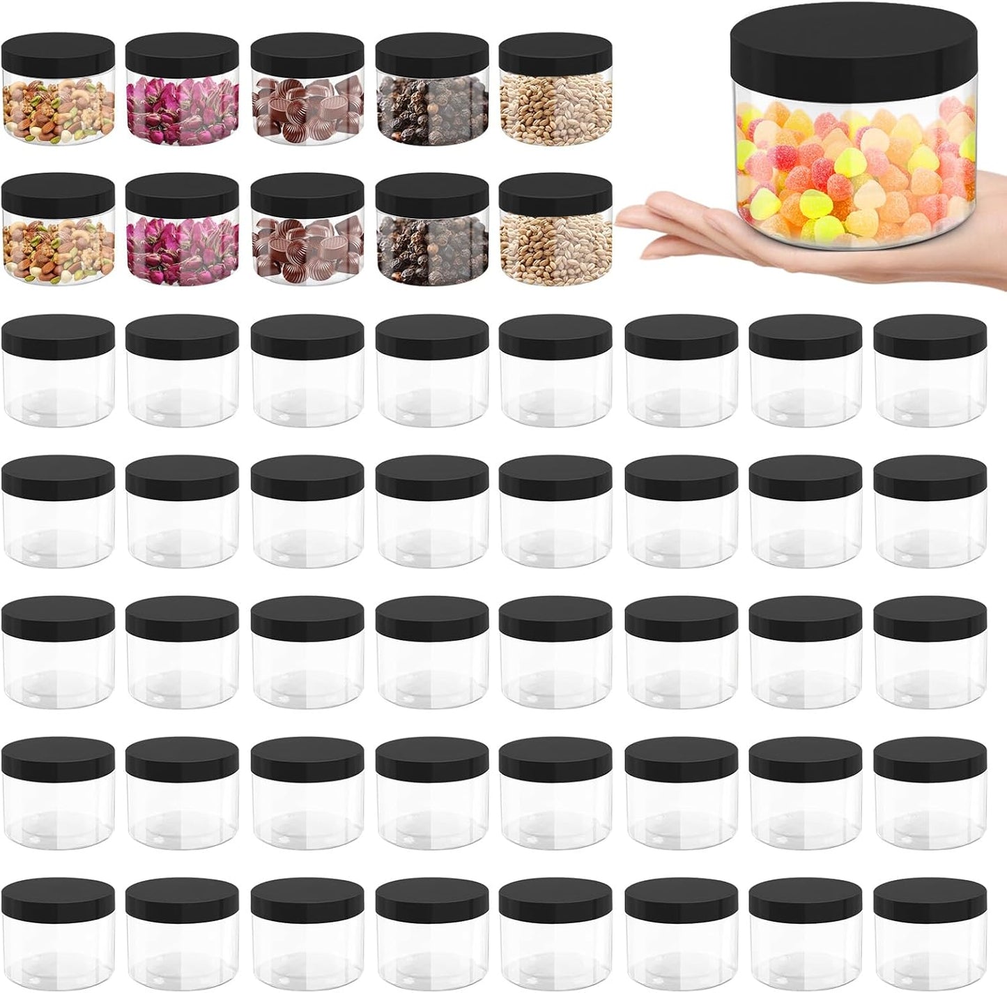 50 Pcs 10 Oz Plastic Jars with Lids Containers Storage Airtight Wide Mouth Food Jar Clear Cylinder Container for Grocery Kitchen Dry Food Butter Honey