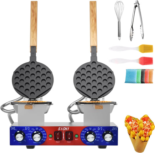 Bubble Waffle Maker - Commercial Egg Waffle Maker w/Two Non-stick Baking Pans, Temperature and Timers, 2800W Professional Bubble Waffle Machine for Double Baking, Hong Kong Egg Waffle Iron