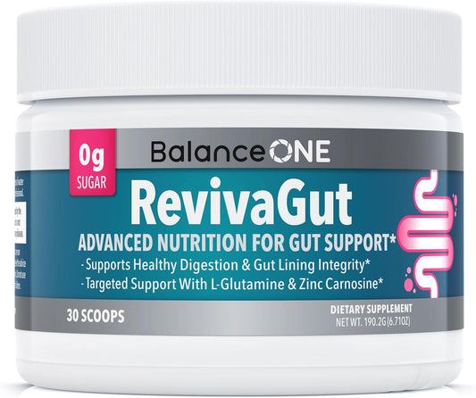 Balance ONE RevivaGut – Gut Lining & Digestive Support Powder – L-Glutamine, Zinc Carnosine, DGL Licorice, Slippery Elm – Leaky Gut Support, Bloating Relief – Non-GMO, 30 Servings