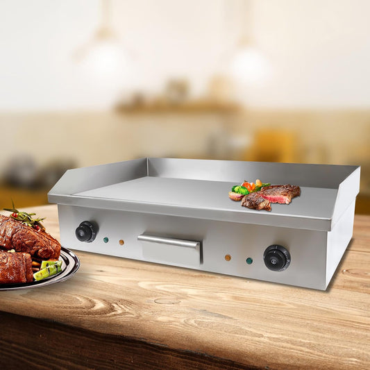 Commercial Electric Griddle Electric Grill Electric Griddle Cooktop BBQ Grill Plate 50-300℃ Flat Top Grill with Oil Collecting Box, 110V 4400W (Double Controllers)