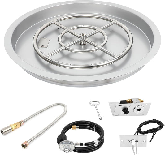 Dollate Drop-in Fire Pit Kit 25 Inch, Round Fire Pit Insert H Burner with Spark Ignition and Propane Hose Kit, Fire Pit Pan for Indoor or Outdoor Decorative Fireplace