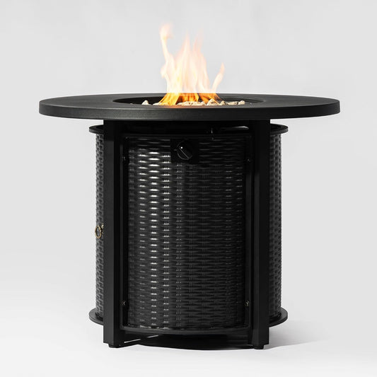 32-Inch Round Steel Fire Pit Table in Matte Black, Heavy-Duty Propane Heater Generates 50,000 BTU for Enhanced Outdoor Entertainment in Patio and Garden Spaces