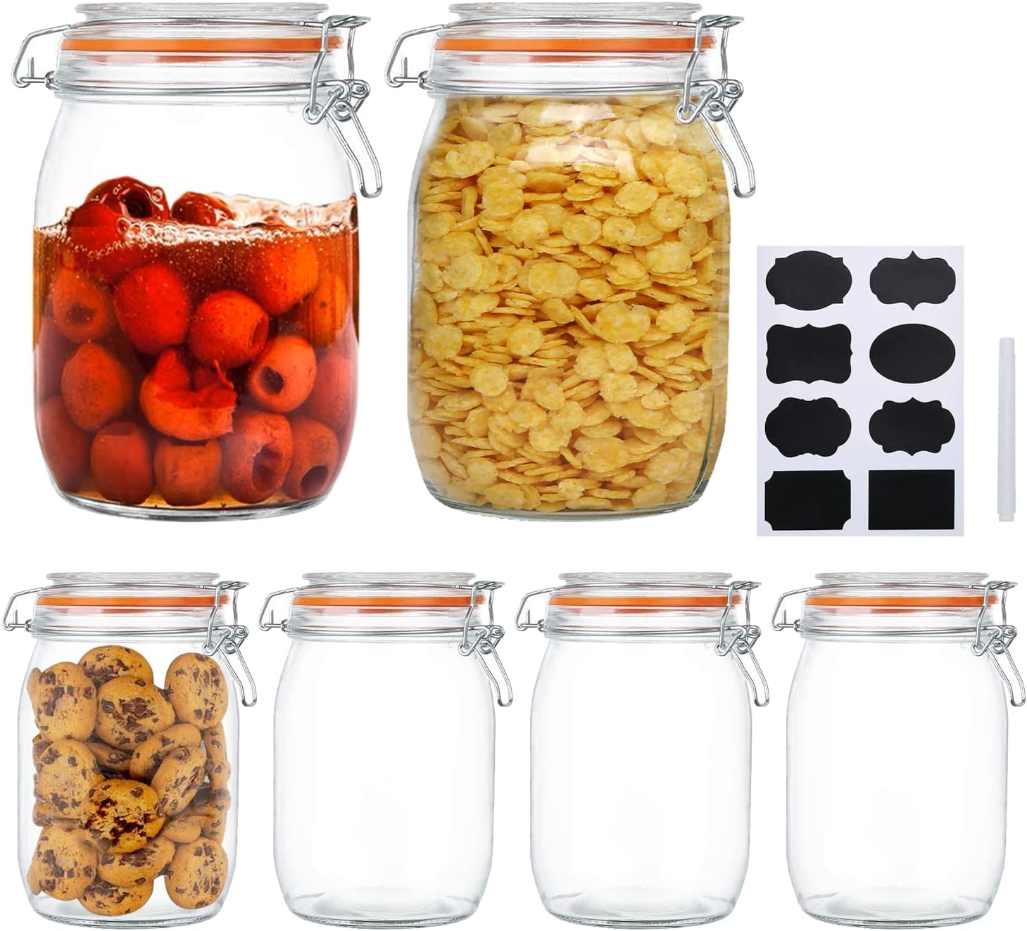 Encheng Glass Jars 32oz,Airtight Glass Food Storage Jar with Clamp Lid,1000ml Rounded Airtight Canister with Leak Proof Rubber Gasket,Clear Glass Kitchen Jars for Dry Food,Cereal,Beans,6 Pack