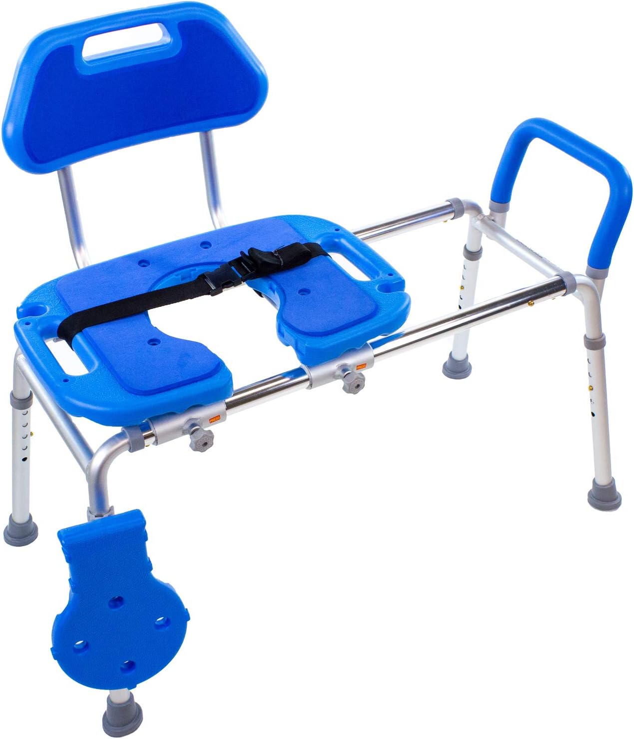 Platinum Health Sliding Shower Chair HydroGlyde Premium Heavy Duty, Padded Bathtub Transfer Bench with Cut Out Seat, for Bath Tub, Adjustable Legs, and Safety Belt, Quick Tool-Less Assembly, Blue