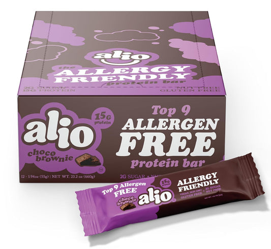 Alio Protein Bars - Choco Brownie (12 Bars) – Free From The Top 9 Food Allergens, High Protein, Low-Calorie, Vegan, Gluten-Free, Nut-Free, Non-GMO, Plant-Based, Seed Oil Free, Delicious & Healthy Snack