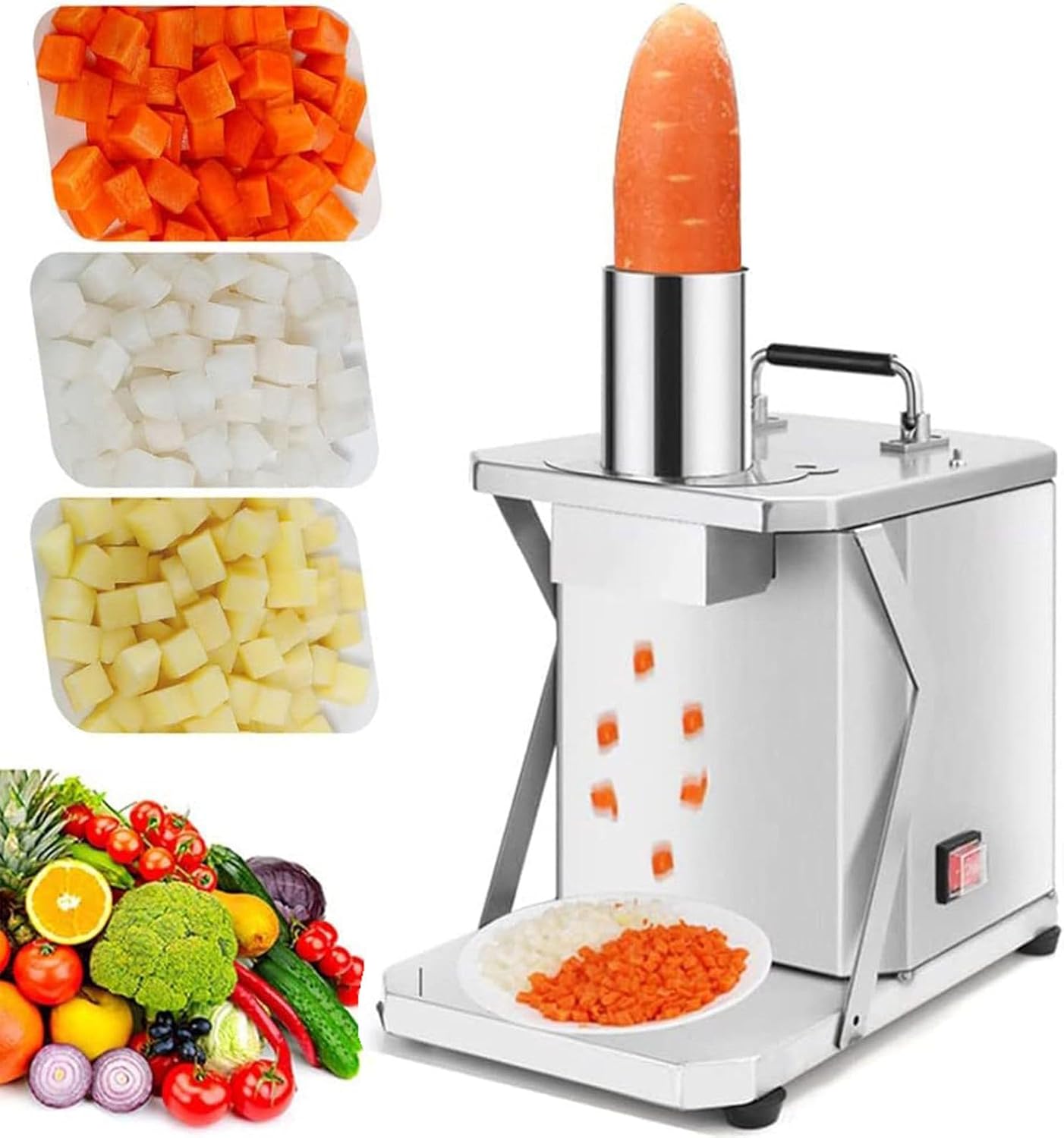 250W Commercial Vegetable Dicer and Slicer Machine Electric Fruit Dicing Machine Automatic Potato Onion Slicing Cube Cutting with 6/8/10/12/15mm Blades for Commercial&Home Use