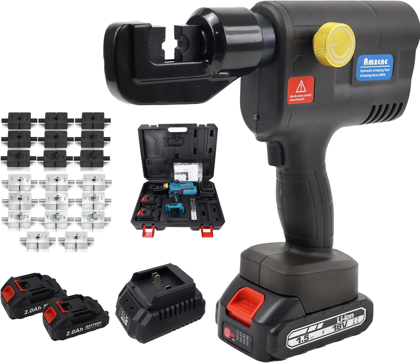 AMZCNC Electric Hydraulic Cable Lug Crimping Tool, 12 AWG to 2/0 AWG Terminal, Cable, Wire Electric Crimper Tool Kit, Battery Crimp Tool Kits with 20 Dies(12AWG~00AWG)