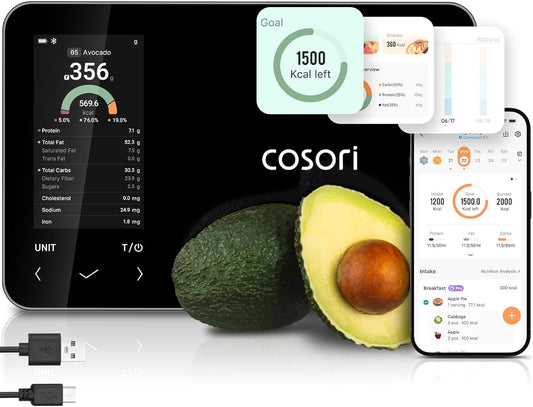 Cosori Smart Food Kitchen Scale with Nutritional Calculator, Free App for AI Scan, Calorie & Macro Tracking, Food Preload, On-Screen Nutrient Info, Personal Goals, Rechargeable, 11 lb \/ 5 kg