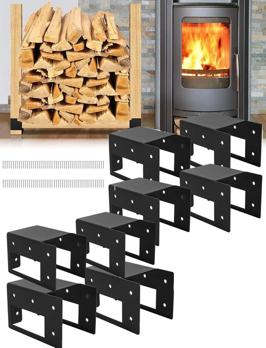 8pcs Fireplace Log Rack Holder, Heavy Duty Adjustable Firewood Stacker for Outdoor & Indoor Use on Patio, Deck; Includes Mounting Screws
