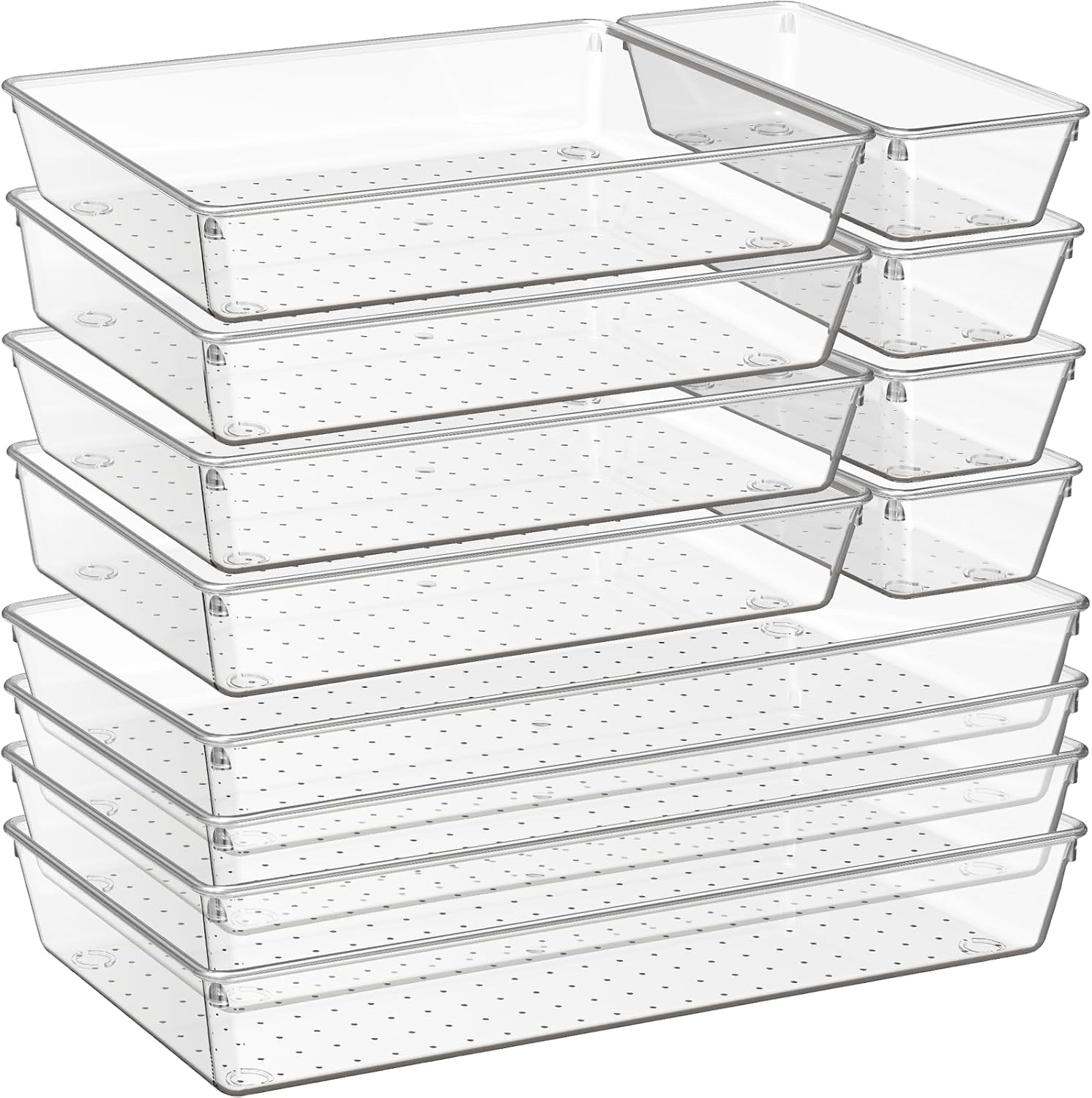 Criusia 12 Pack Large Clear Plastic Drawer Organizer Trays | MULTI-USE Acrylic Drawer Storage for Kitchen, Bathroom, Makeup, Office, School, Undies | College Dorm Room, Home Apartment Essentials
