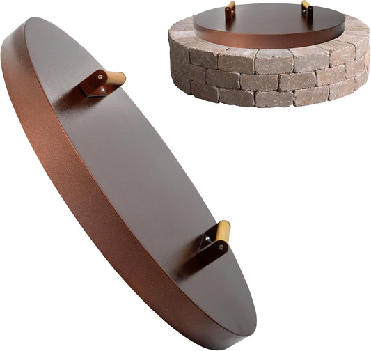 25.5” firepit lid round for inside up to 23” gas fire pit lid for Outdoor Fireplace Cover Lid Steel fire pit metal cover W/ Wooden Handle & Bronze Coated Snuffer Lid for Round Patio Fire Pit Ring