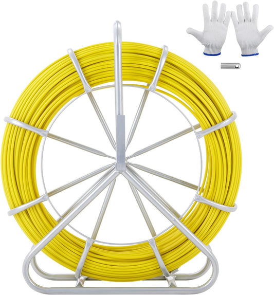 Happybuy Fish Tape Fiberglass, 150 m (492 ft), 8 mm (5/16 in), Duct Rodder Wire Puller, Cable Running Rod with Steel Reel Stand, 3 Pulling Heads, Non-Conductive Fishing Tools for Walls.