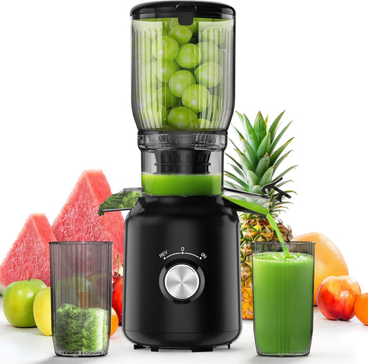 Cold Press Juicer, Juicer Machines with 5.3" Wide Feed Chute, Masticating Juicer for Whole Vegetables & Fruits, Juice Extractor Machine Easy to Clean, Black