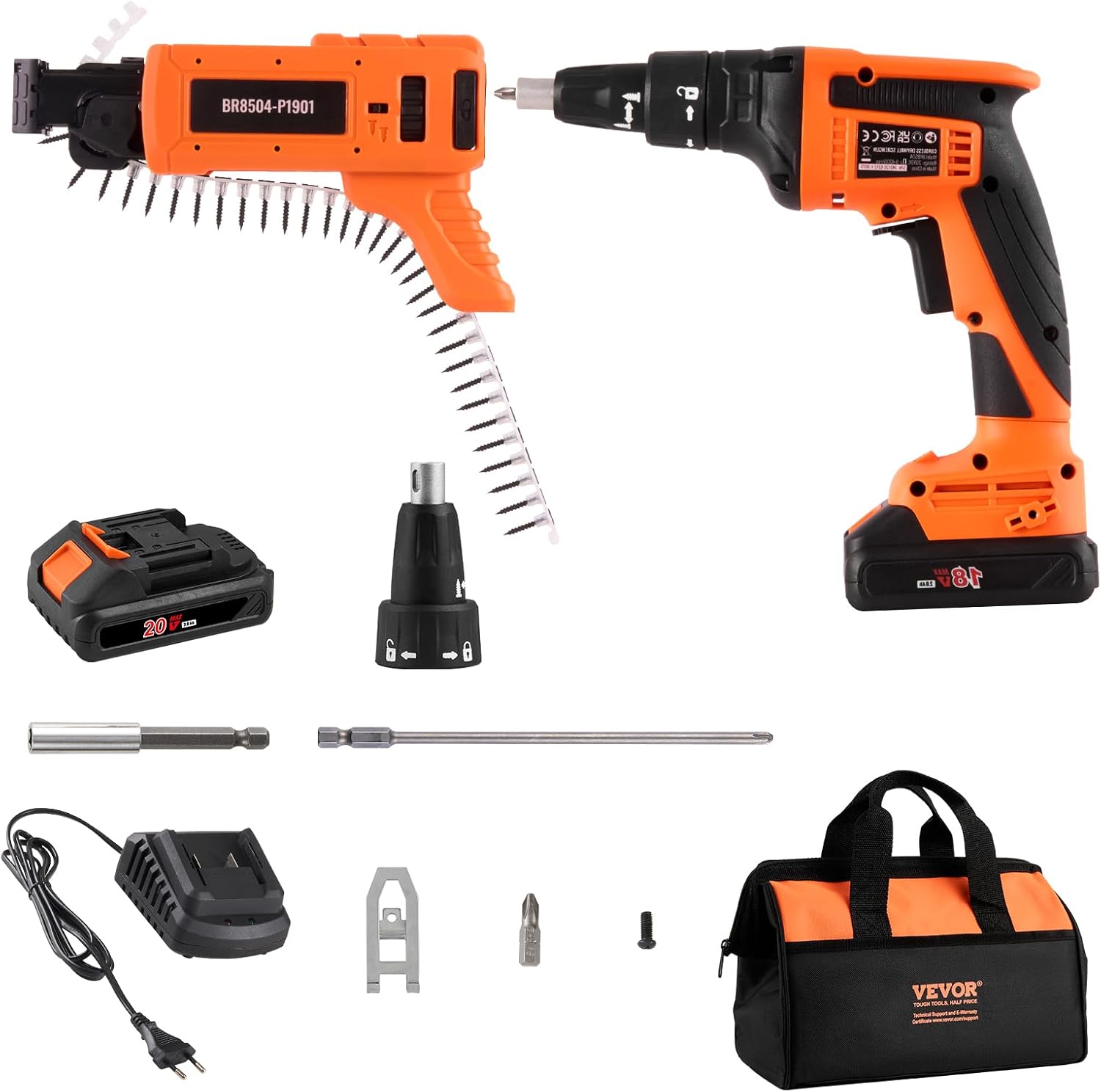 VEVOR Drywall Screw Gun Auto-Feed, 20V Max Collated Drywall Screwgun, 4200RPM Brushless Cordless Drywall Gun Kit with 2 Battery Packs, Belt Clip, Charger, Tool Bag, Screw Length and Depth Adjustable