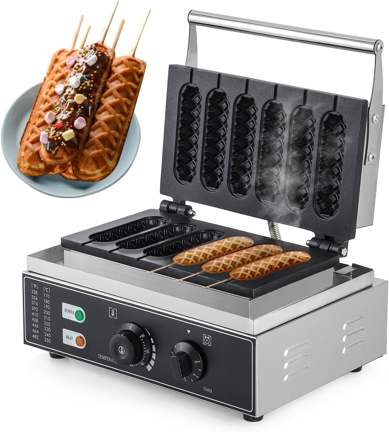 CGOLDENWALL Commercial/Home Corn Dog Waffle Maker Machine 1550W 6Pcs French Muffin Irons Non-stick Stainless Steel Waffle Stick Maker, 50-300℃ Temp Control 110V