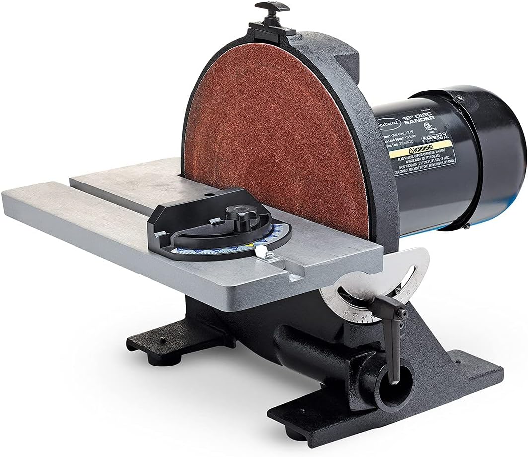 Eastwood Disc Sander | Powerful 1.25HP 12" Disc Sander Tool | Heavy Duty Cast Iron Base and Vacuum Port with a 45 Degree Adjustable Work Surface and Adjustable Miter Gauge