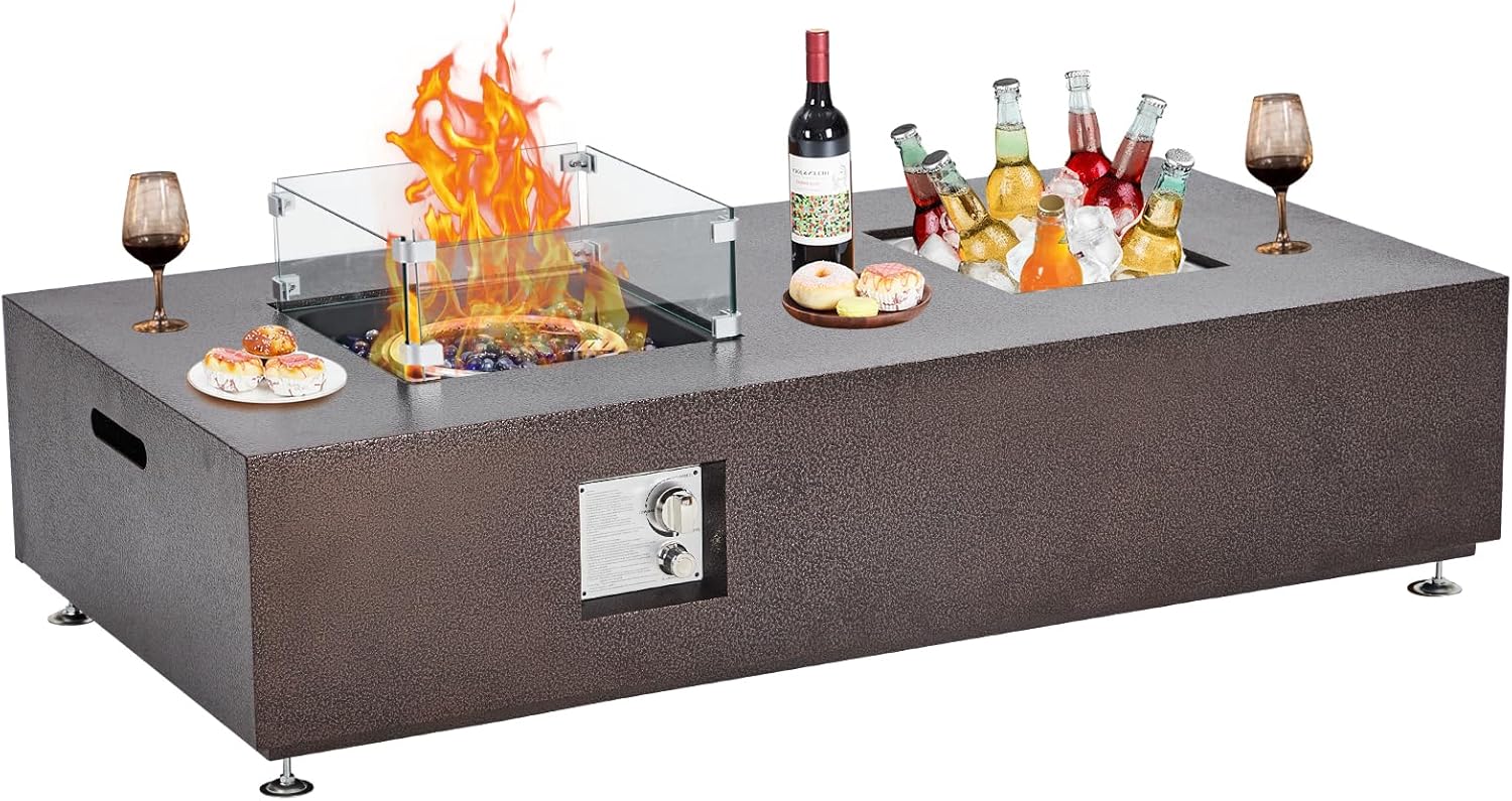 56 Inch Propane Fire Pit Table with Wind Guard, Glass Beads, Rain Cover, Sturdy Steel Anti-Rust Finish, CSA Safety Certified Outdoor Firepit for Patio Yard Garden Bronze Gold