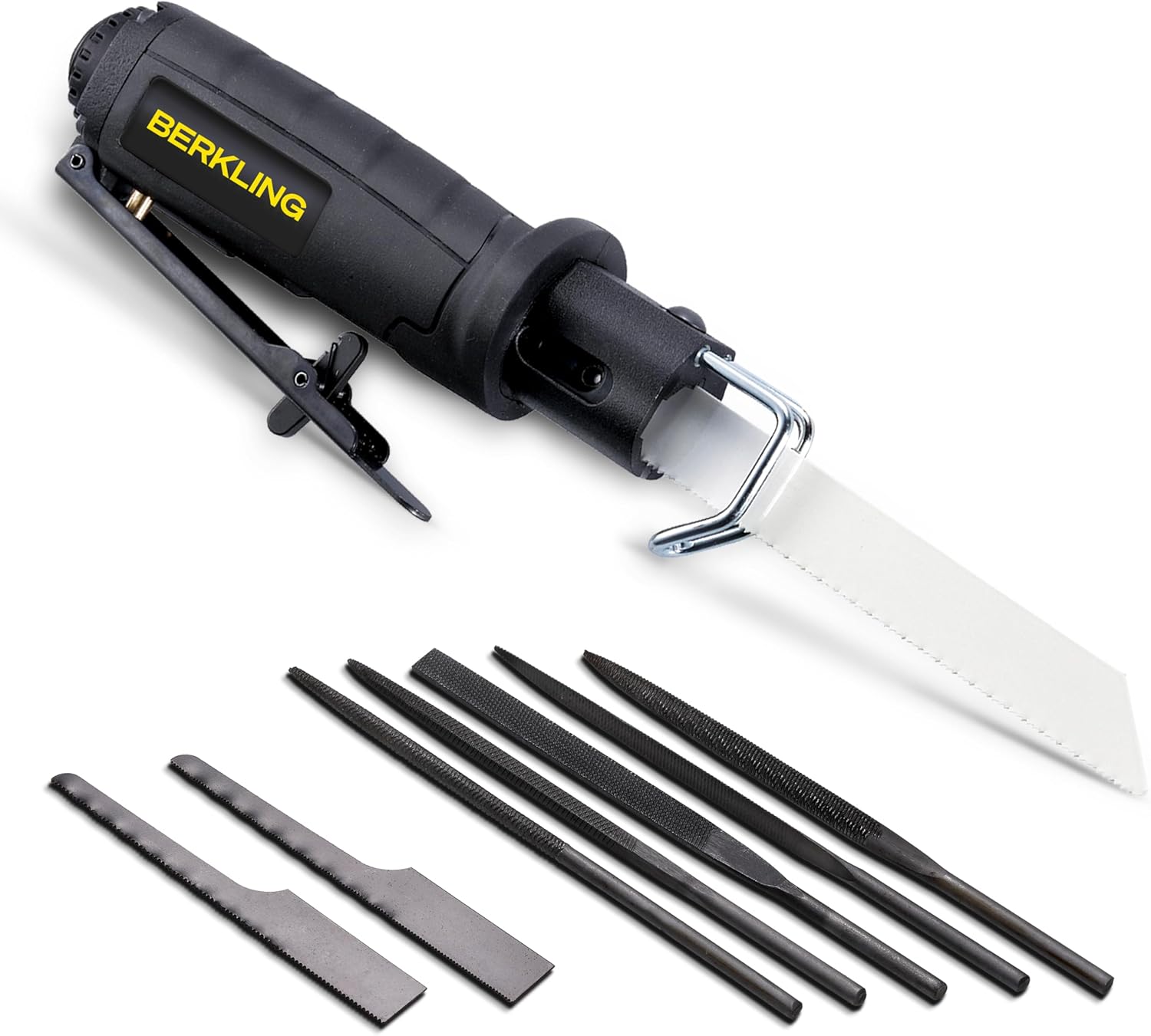 7102 Compact Air Saw/Reciprocating Saw - Low Vibration Air File Tool with 8-Piece Blade Kit (Bi-Metal 18T, 24T, 32T & 5 Files) - Multi-Function Pneumatic Autobody Cutting Tool