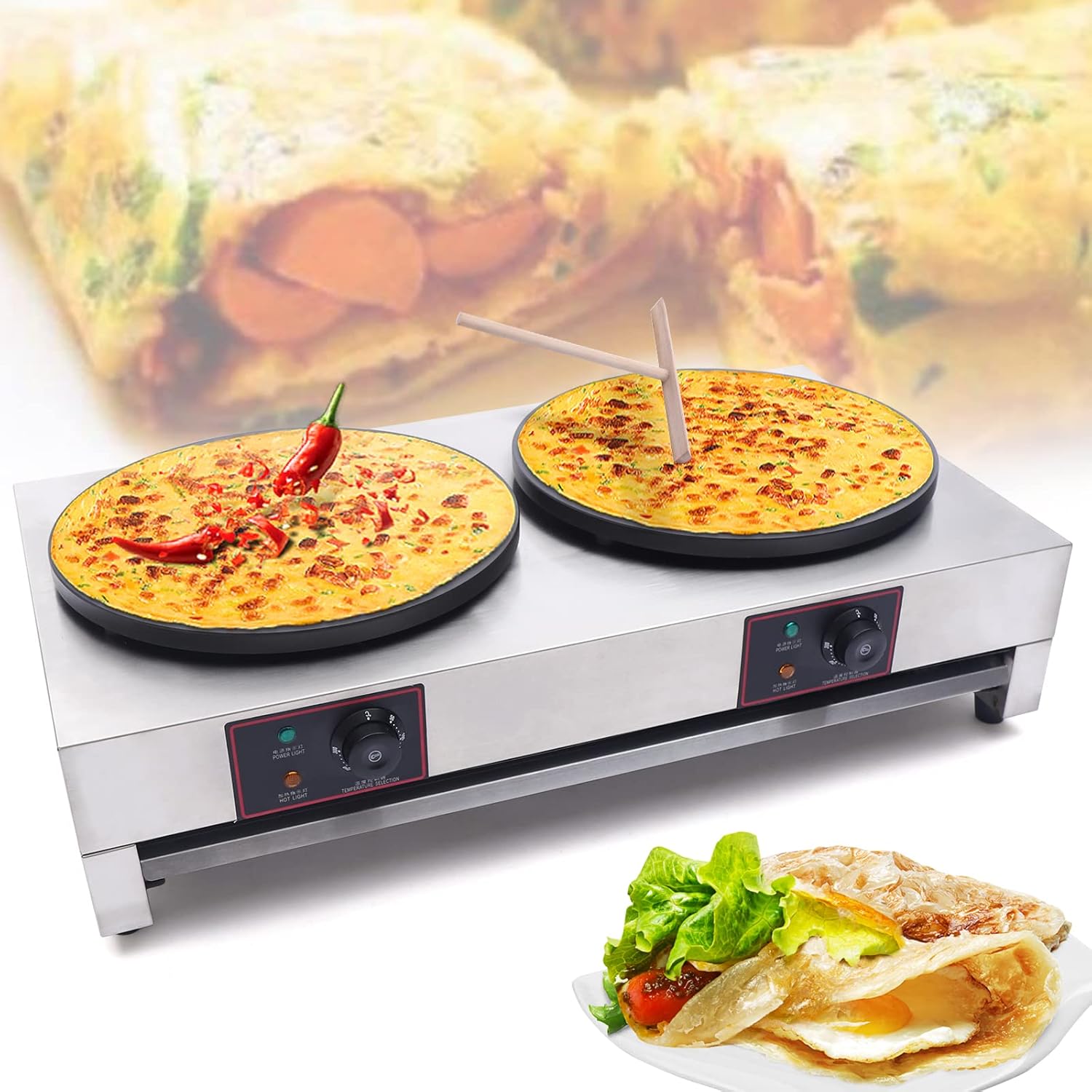 Commercial Electric Crepe Maker Machine, Double Burner Pancake Baking Machine Non-Stick Crepe Pan Hotplate for Tortilla Eggs Pancakes Blintzes Roti