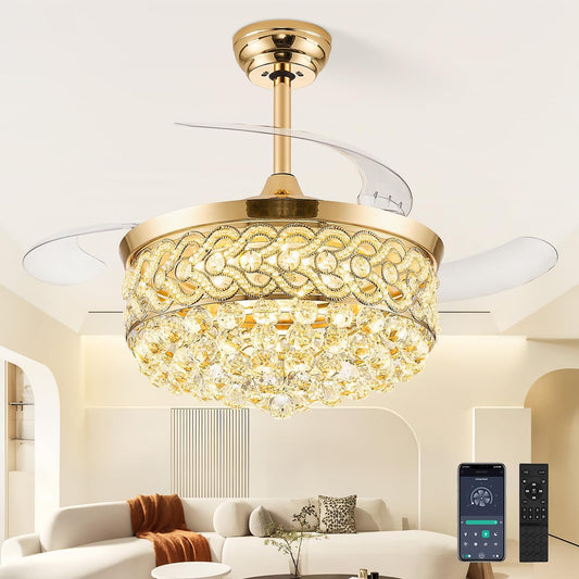 TXCSLY 48\u201C Crystal Fandelier Ceiling Fan with Light, Retractable Ceiling Fans Chandelier Fan with Retractable Blades LED Dimmable Crystal Ceiling Fan Chandelier Fans for Bedroom Living Room-Gold