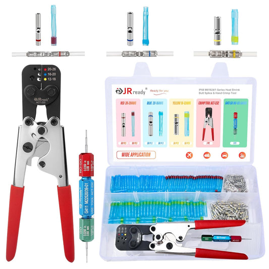 JRready ST6487 AS81824 Crimp Splices Kit with ACT-232 Crimp Tool (M22520\/37-1 Equivalent) G411 Go-No Go Gauge 150 Sets Environmental Copper Splices & PVDF Tubes Waterproof Butt Connectors