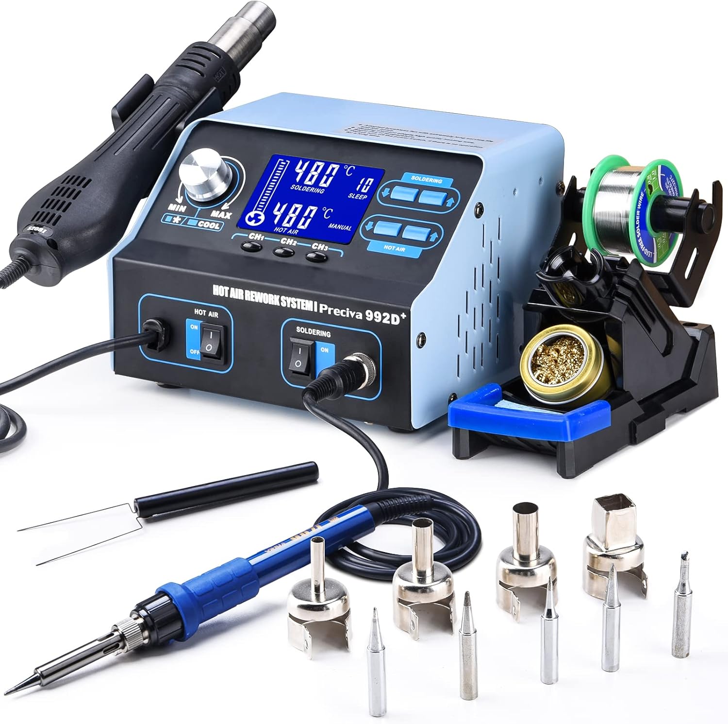 Preciva 992D+ 2-in-1 Soldering & Hot Air Rework Station with LCD, Memory Presets, Sleep, Calibration | Includes Soldering Iron, Hot Air Gun, 5 Tips, 4 Nozzles, IC Tools, Solder Wire | °C/ºF