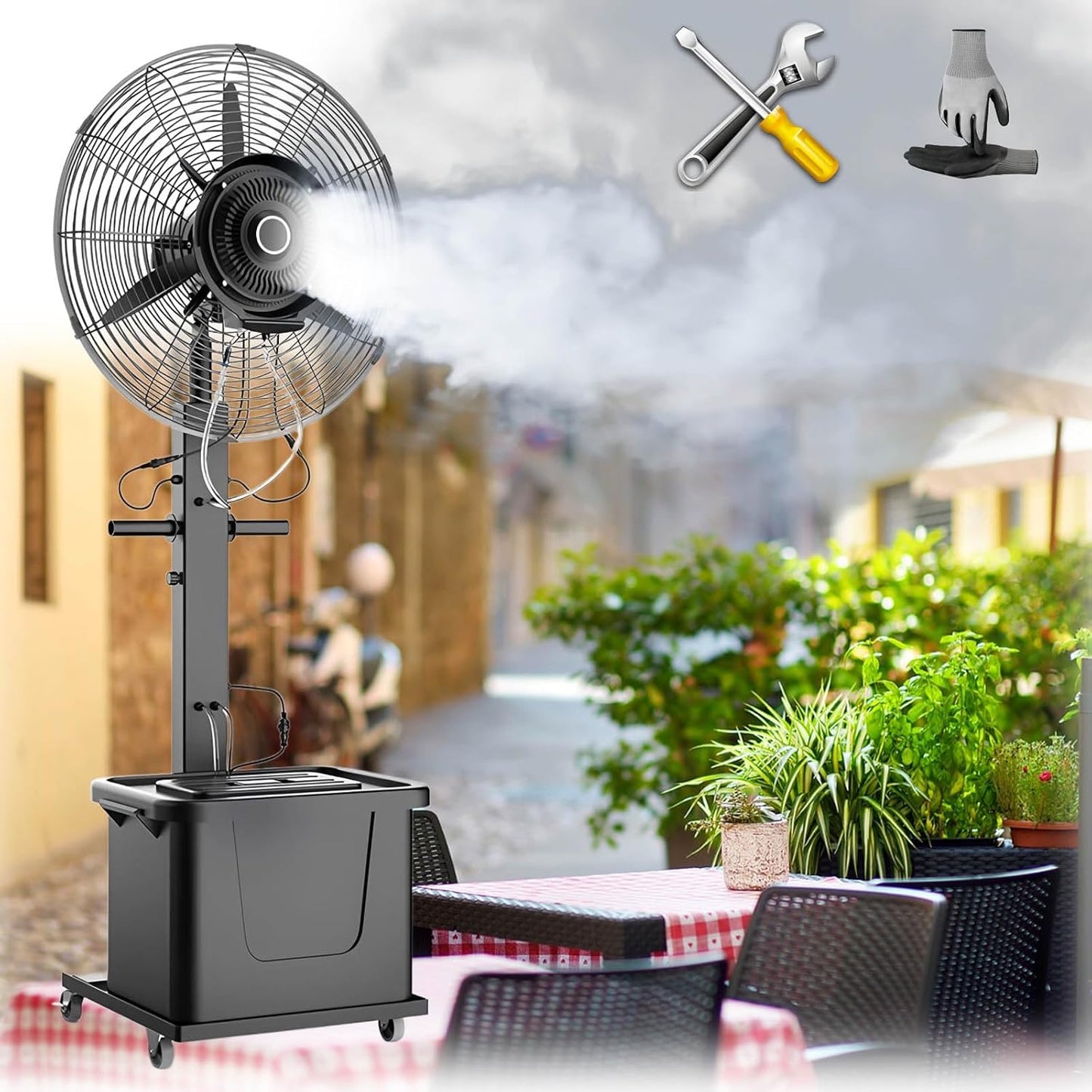 26\/30in Large Industrial Fan Misters Pedestal Misting Fan 320W Oscillating Stand Up Mist Fans 3 Speeds, 90° Oscillation With 11 Gal Standalone Tank For Patio Garden(Liftable,750)