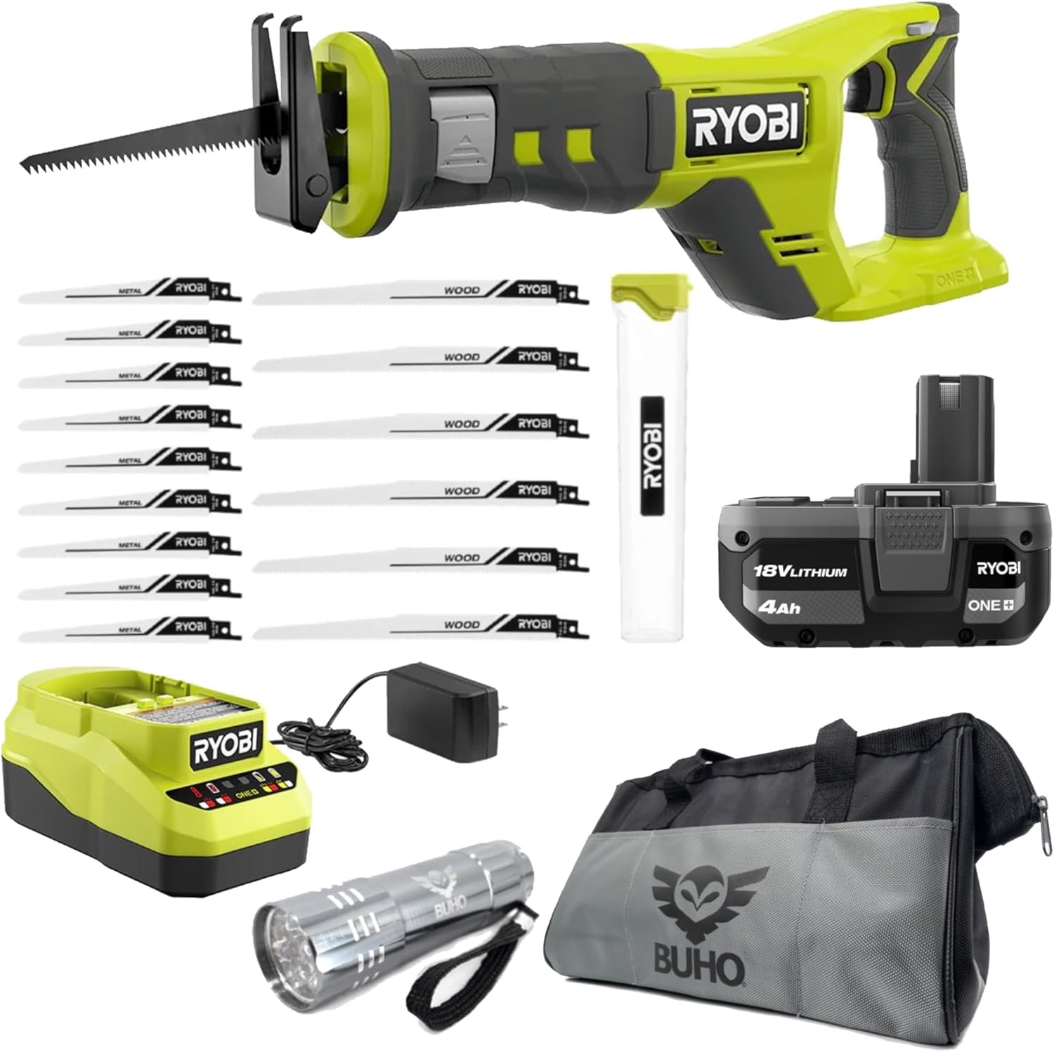 Cordless Reciprocating Saw Bundle - 18V Ryobi Reciprocating Saw Kit with 4.0 Ah Battery and 18-Volt Lithium-Ion Charger, Reciprocating Saw Blade Set, and 16 Inch Buho Tool Bag