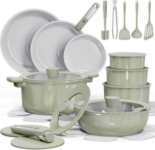 CAROTE 27pcs Ceramic Cookware Set Nonstick, Pots and Pans Set Non stick, Non Toxic Cookware, Dishwasher\/Oven Safe, RV\/Camping Cookware Set, Pan and Pot with Kitchen Utensils, Green