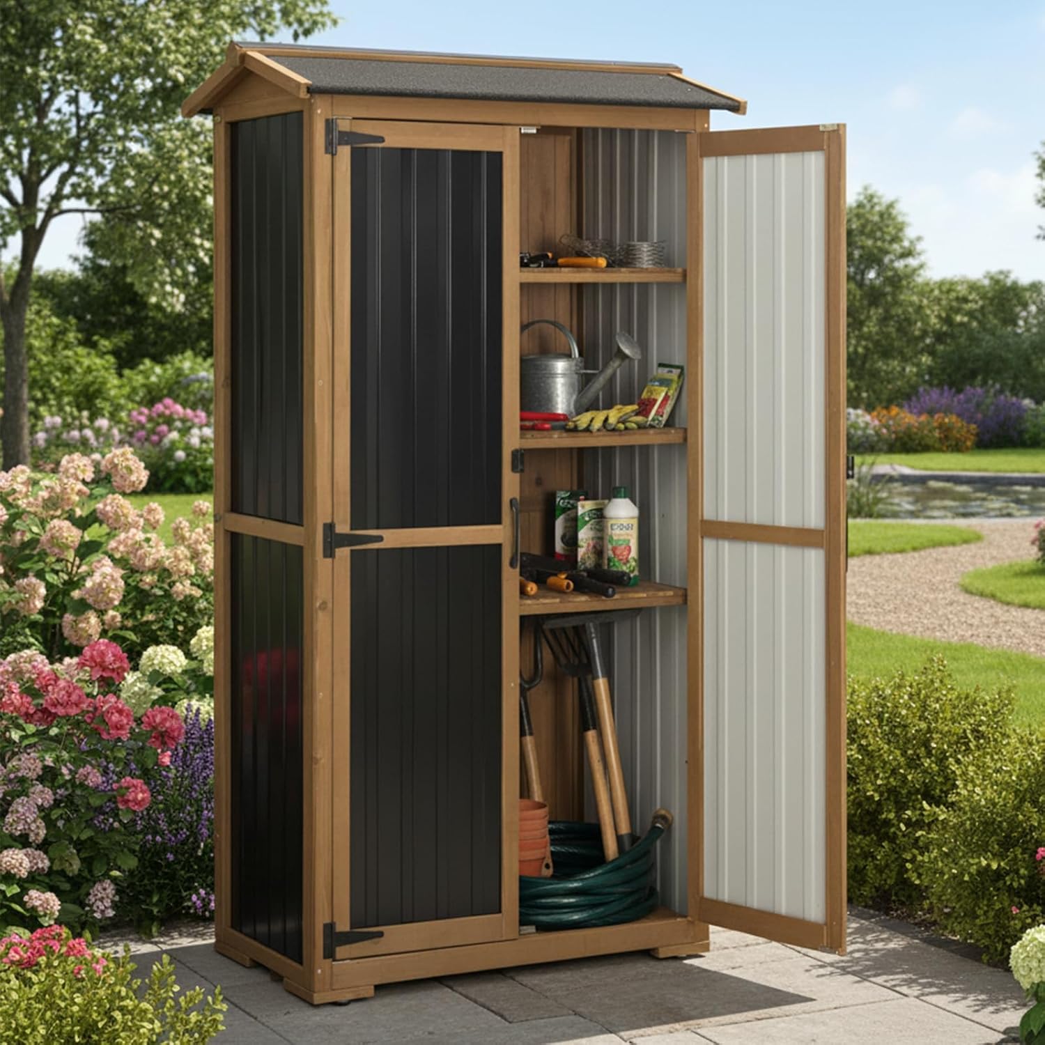 Large Outdoor Storage Cabinet, Wood Outdoor Storage Shed with Three Adjustable Shelves, Lockable Doors, Waterproof Roof, Outdoor Cabinets Garden Tool Shed, Brown, 38''x20.5''x69''