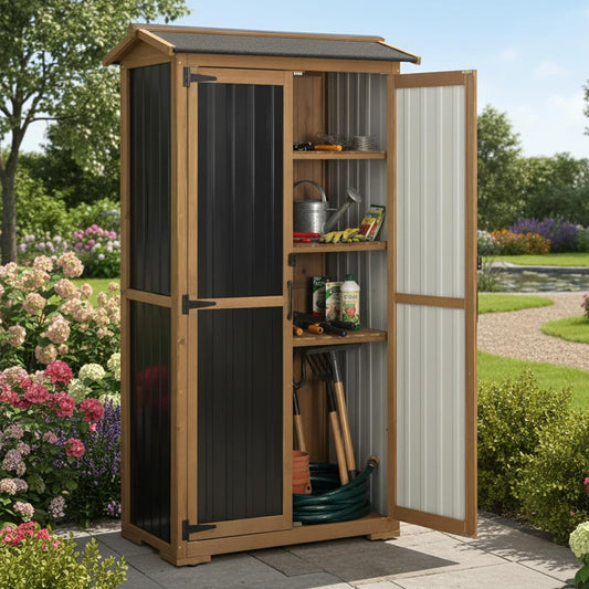 Large Outdoor Storage Cabinet, Wood Outdoor Storage Shed with Three Adjustable Shelves, Lockable Doors, Waterproof Roof, Outdoor Cabinets Garden Tool Shed, Brown, 38''x20.5''x69''