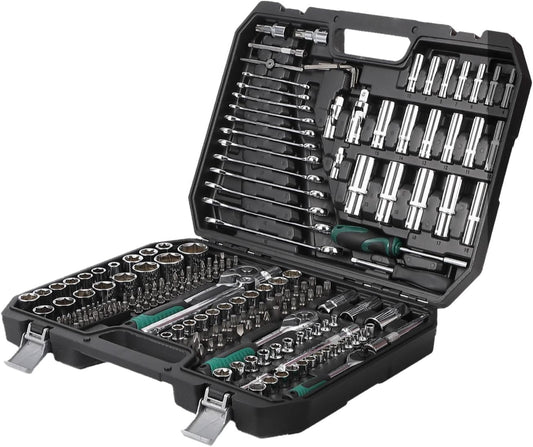 216-Piece Drive Ratchet and Socket Set with 72-Tooth Reversible Ratchet, Sockets, Universal Joint, and Extension Bars for Automotive Repair
