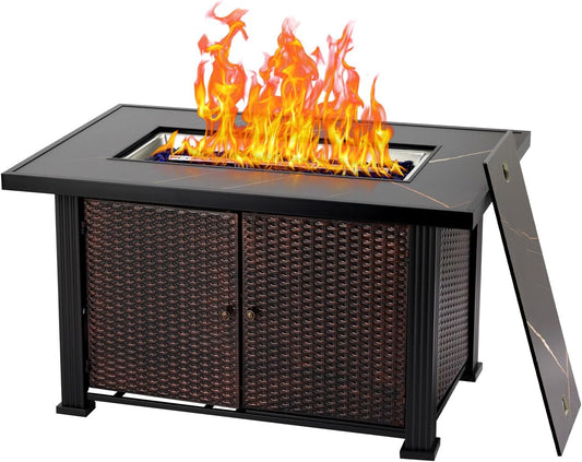 44" Propane Fire Pit Table, 50000 BTU Rectangle Fire Table with Lgnition System Outdoor Fire Table with Rattan Panel Black Tempered Glass Tabletop CSA Safety Certified for Patio Garden (Grey)