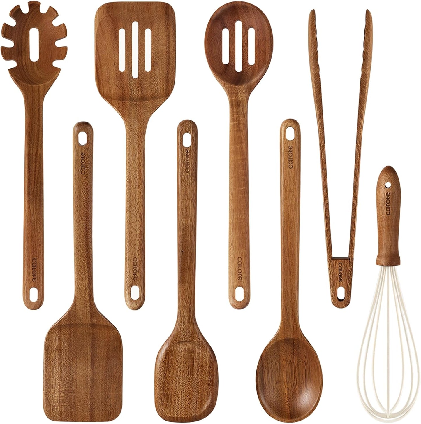 CAROTE Wooden Kitchen Utensils Set, Acacia Wood 8pcs Cooking Utensil Set for Nonstick Cookware, Long-lasting Wooden Spoons for Cooking, Spatula, Turner